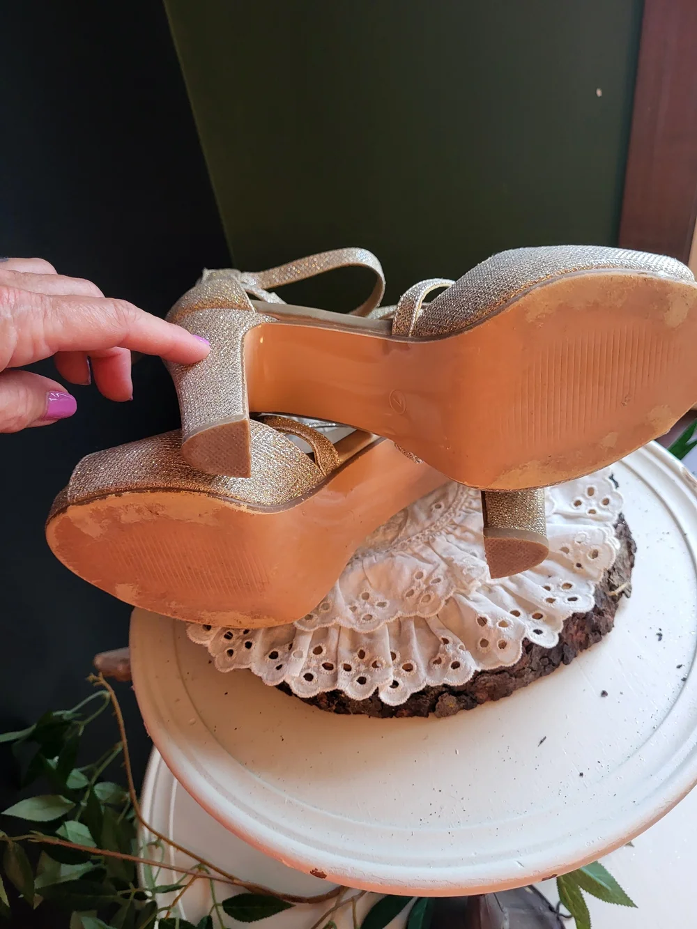 IDIFU Gold Glitter Platform Heels with Double Ankle Straps